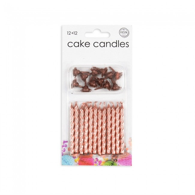 12 bougies à gâteau + 12 bougeoirs roses-gold